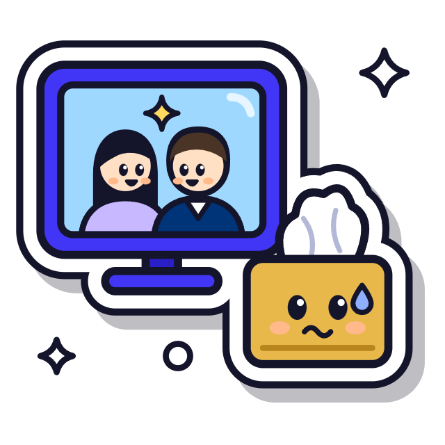 Ilustración de Academia Seúl: un televisor azul muestra a una pareja sonriente y, al lado, una caja de pañuelos con cara preocupada y una gota de sudor.